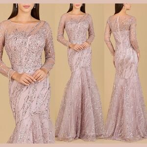 NWT $598 Lara Dresses [ 10 ] 29199 Long Sleeve Mermaid Beaded Gown Rose‎ #S2034